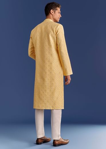 Yellow Benaras Jacquard Kurta Set With Print