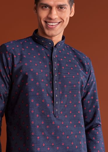 Blue Benaras Printed Jacquard Kurta Set