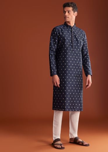 Blue Benaras Jacquard Kurta Set With Print