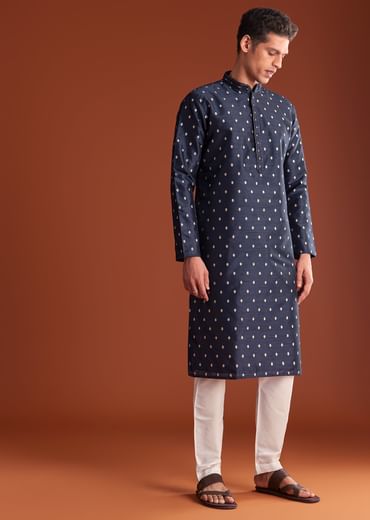 Blue Benaras Jacquard Kurta Set With Print