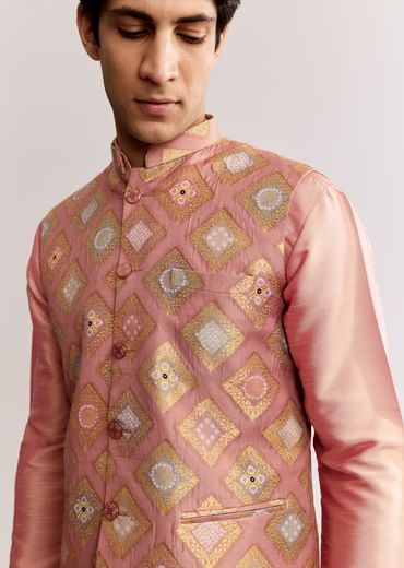 Pink Silk Kurta Jacket Set With Geometric Print