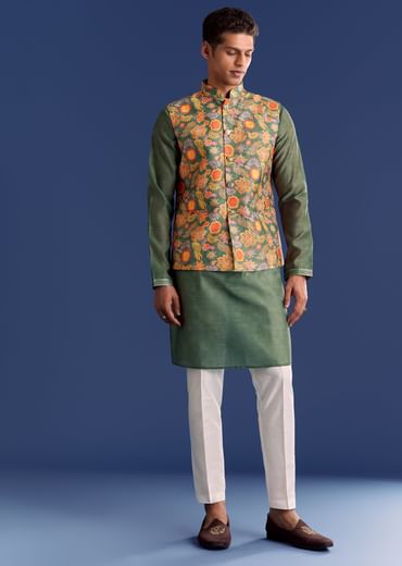 Green Kurta Jacket Set With Floral And Vine Prints