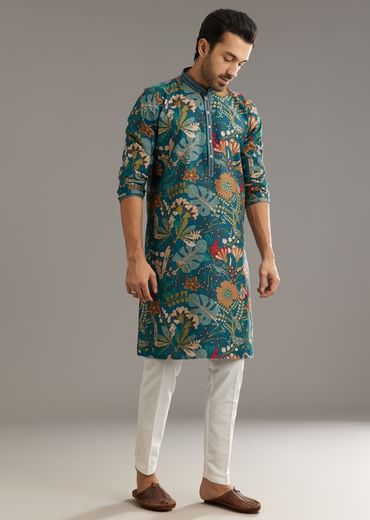 Blue Silk Printed Kurta Set With Stone Embellishment