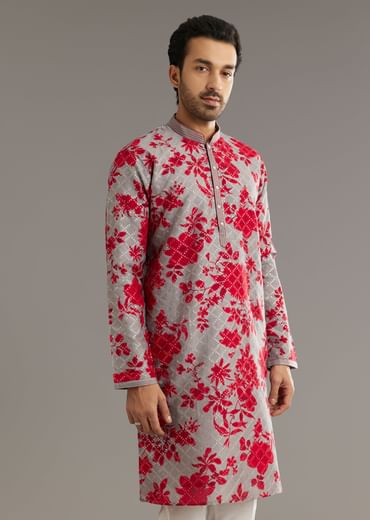 Red Silk Kurta Set With Stone Embellishment