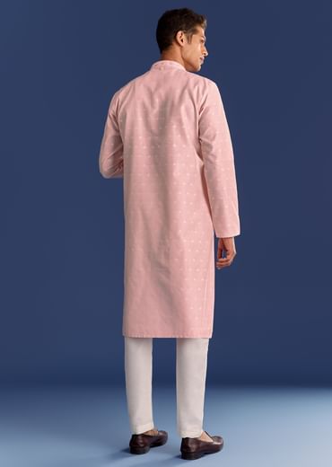 Peach Banaras Jacquard Kurta Set With Butti Print