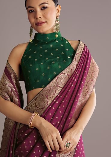 Wine Dola Silk Saree With Butti Work And Floral Border