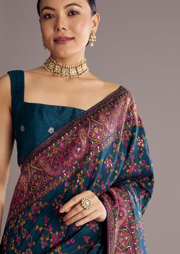 Peacock Blue Dola Silk Saree With Floral Jaal Weave