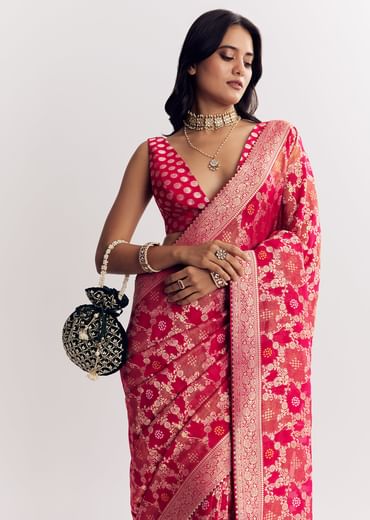Rani Pink Georgette Saree With Zari Jaal Work