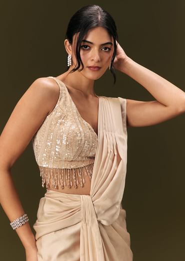 Ivory Crepe Pre Stitched Saree With Crystal And Moti Detailing