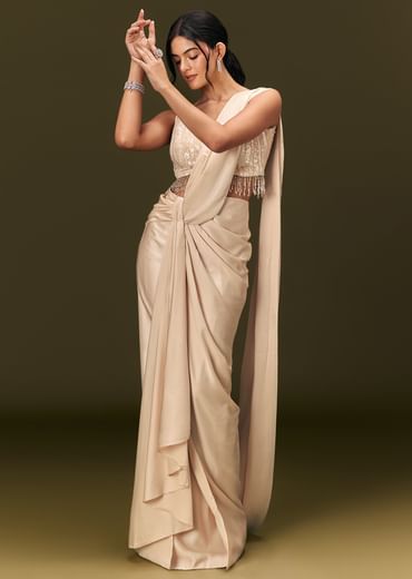 Ivory Crepe Pre Stitched Saree With Crystal And Moti Detailing