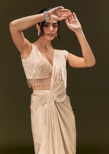 Ivory Crepe Pre Stitched Saree With Crystal And Moti Detailing