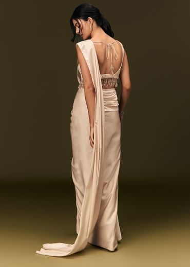 Ivory Crepe Pre Stitched Saree With Crystal And Moti Detailing