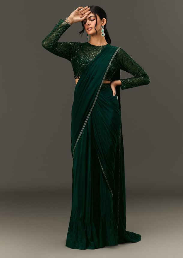 Bottle Green Pre Pleated Saree With Embroidered High Neck Full Sleeve Blouse Bottle Green Pre Pleated Saree With Embroidered High Neck Full Sleeve Blouse