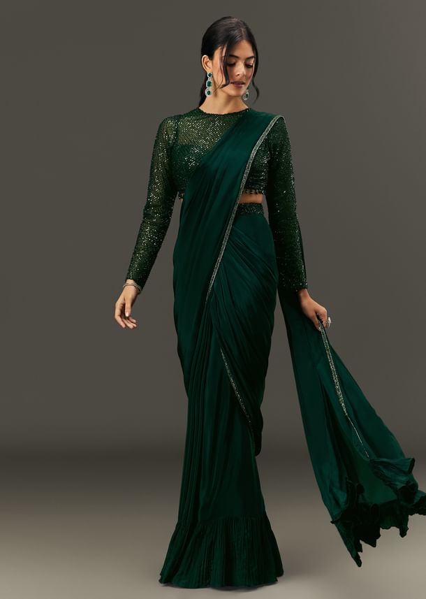 Bottle Green Pre Pleated Saree With Embroidered High Neck Full Sleeve Blouse Bottle Green Pre Pleated Saree With Embroidered High Neck Full Sleeve Blouse