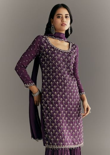 Dark Purple Chinon Sequin Work Kurta Sharara With Dupatta