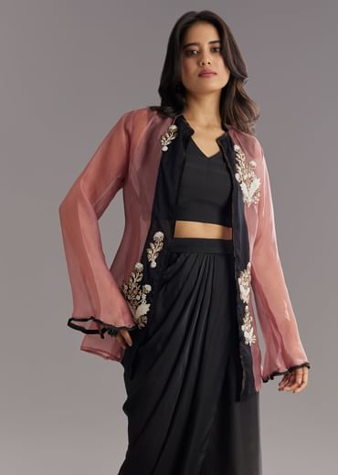 Black Organza Jacket and Satin Dhoti Palazzo Set With Zardosi Embroidery