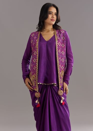 Purple Russian Silk Jacket Set With Zardosi Border and Fancy Pleated Skirt