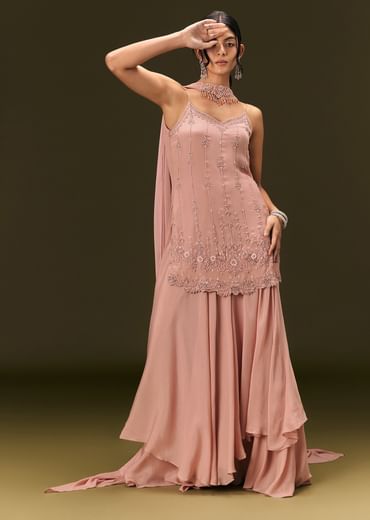 Dusty Pink Chinon Embroidered Kurti With Flared Pant And Choker Dupatta