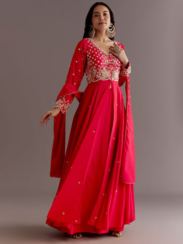 Red Russian Silk Front Slit Cutdana Beaded Kurta Set With Dupatta