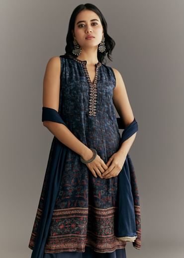 Dark Blue Silk Printed Kurta Palazzo With Gotta Lace Dupatta