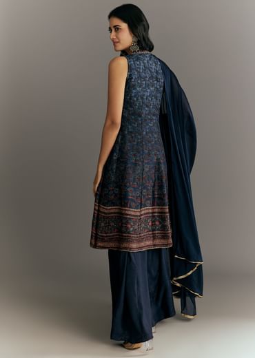 Dark Blue Silk Printed Kurta Palazzo With Gotta Lace Dupatta