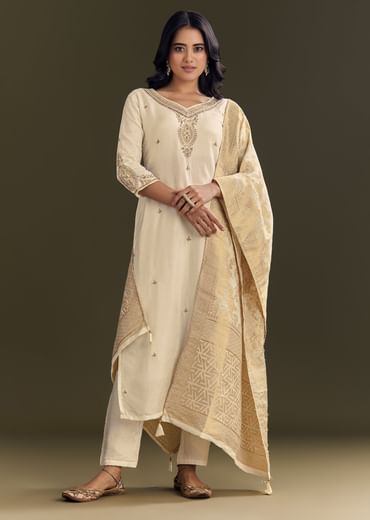 Cream Silk Embroidered Kurta Pant With Banarasi Dupatta