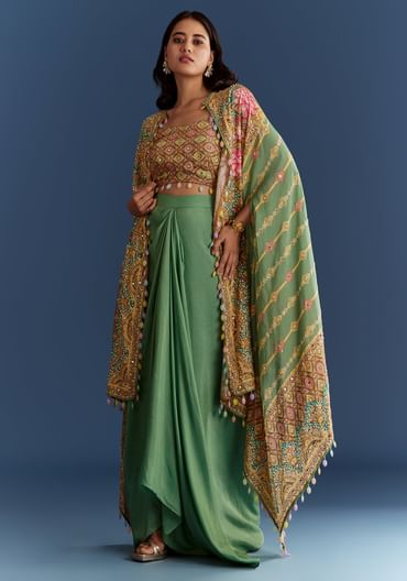 Light Aqua Green Cotton Muslin Printed Croptop Cape Suit