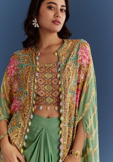 Light Aqua Green Cotton Muslin Printed Croptop Cape Suit
