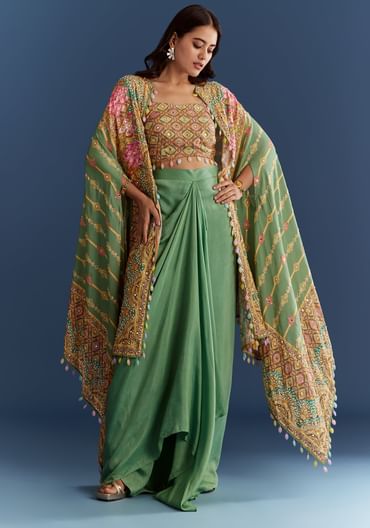 Light Aqua Green Cotton Muslin Printed Croptop Cape Suit