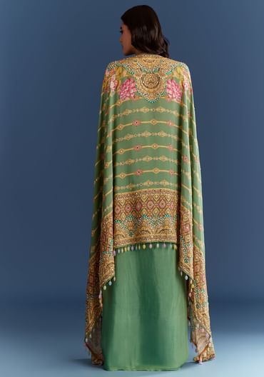Light Aqua Green Cotton Muslin Printed Croptop Cape Suit