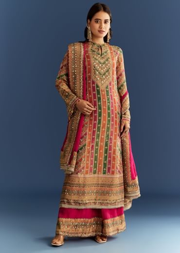 Pink Tissue Kurta With Organza Palazzo And Dupatta