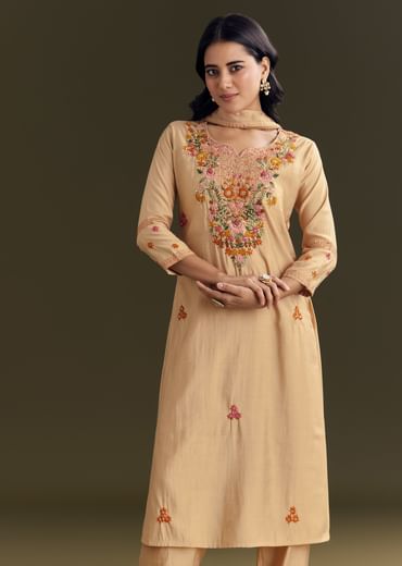 Beige Modal Threadwork Kurta Pant With Resham Organza Dupatta