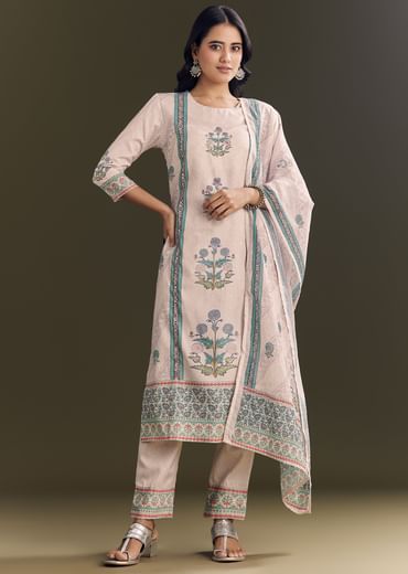 Cream Cotton Block Print Kurta Pant With Dupatta