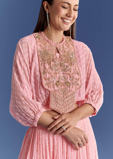 Pink Floral Georgette Lehenga Set With Zardosi Croptop