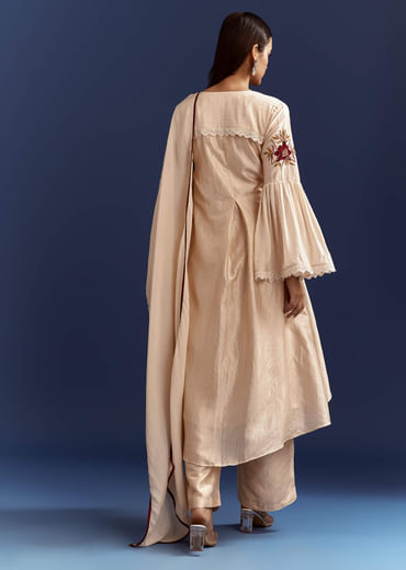 Light Beige High Low Kurta With Cut Dana Beads And Applique Work In Fuji Silk
