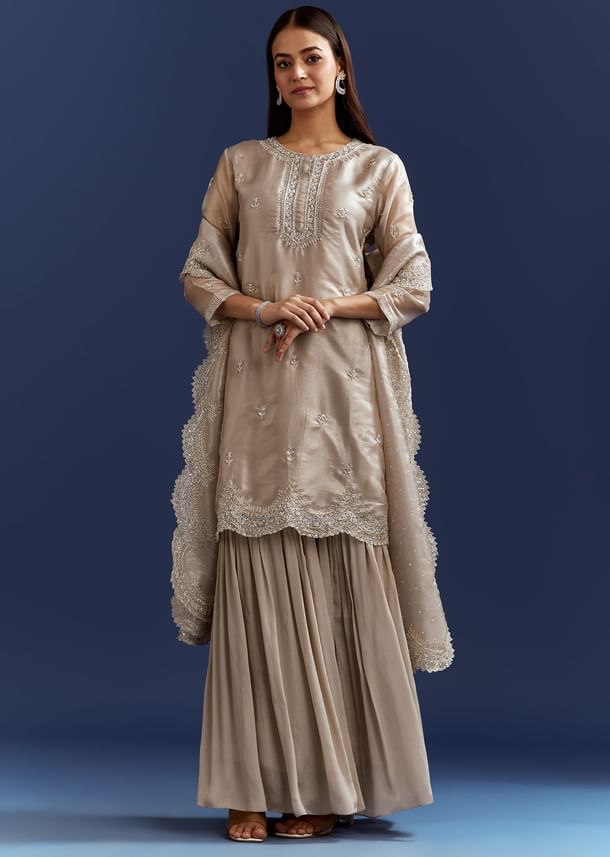 Grey Cutdana And Sequins Kurta With Stone Work Dupatta In Tissue