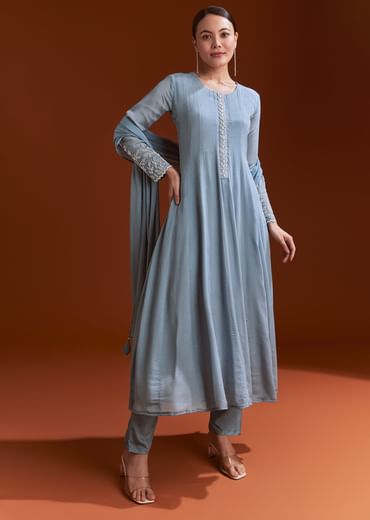 Misty Blue Chinon Anarkali Suit With Moti And Stone Work