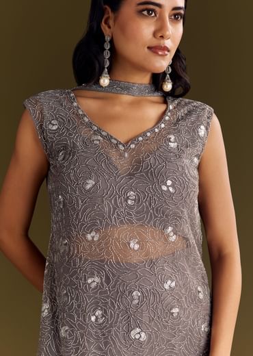 Grey Crepe Kurta Sharara With Net Choker Dupatta
