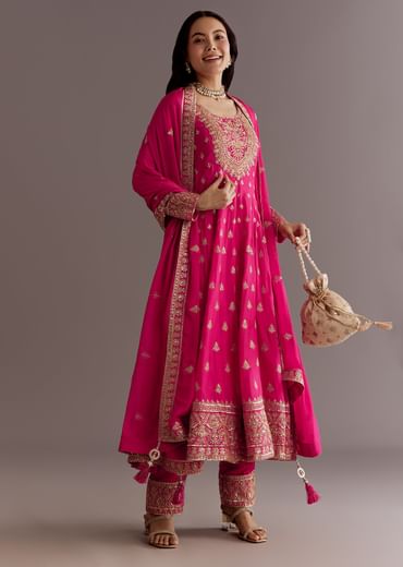 Pink Chinon Hand Embroidered Anarkali Suit With Dupatta