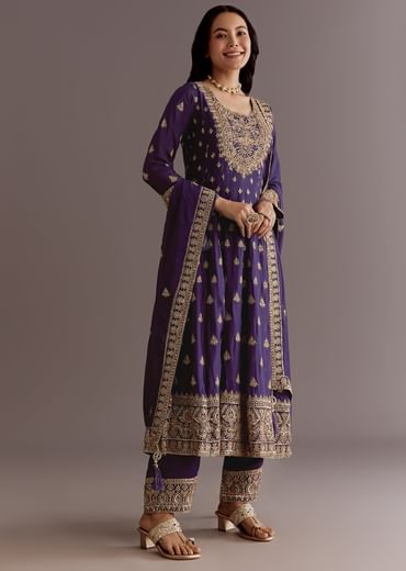 Purple Chinon Anarkali Dupatta Suit With Sequin Work