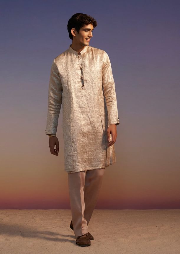 Peach Brocade Kurta Set With Self Work Peach Brocade Kurta Set With Self Work