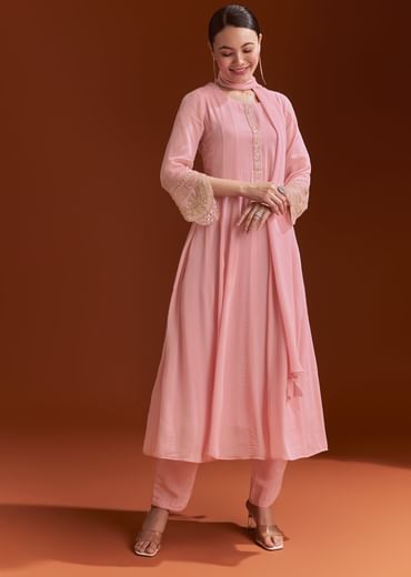 Light Pink Chinon Anarkali Suit With Cut Dana And Beads Work