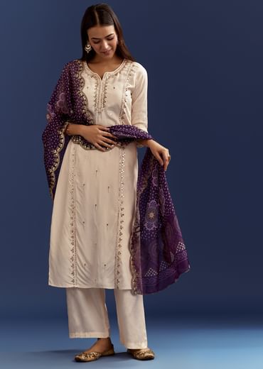Cream Dola Silk Kurta With Gotta Work And Bandhani Purple Dupatta