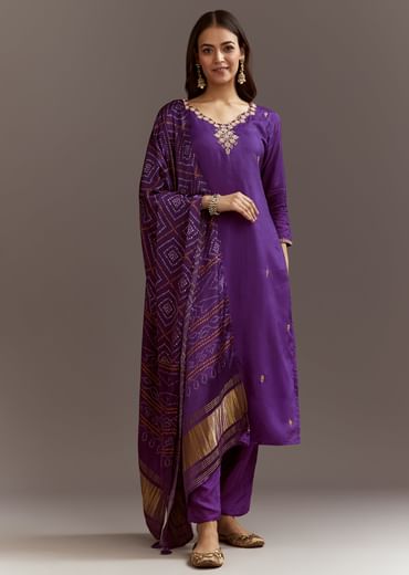 Purple Dola Silk Kurta Set With Bandhani Satin Dupatta