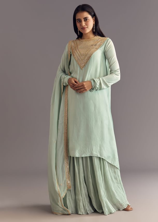 Satin Asymmetrical Kurta Set With Moti And Sequins Dupatta