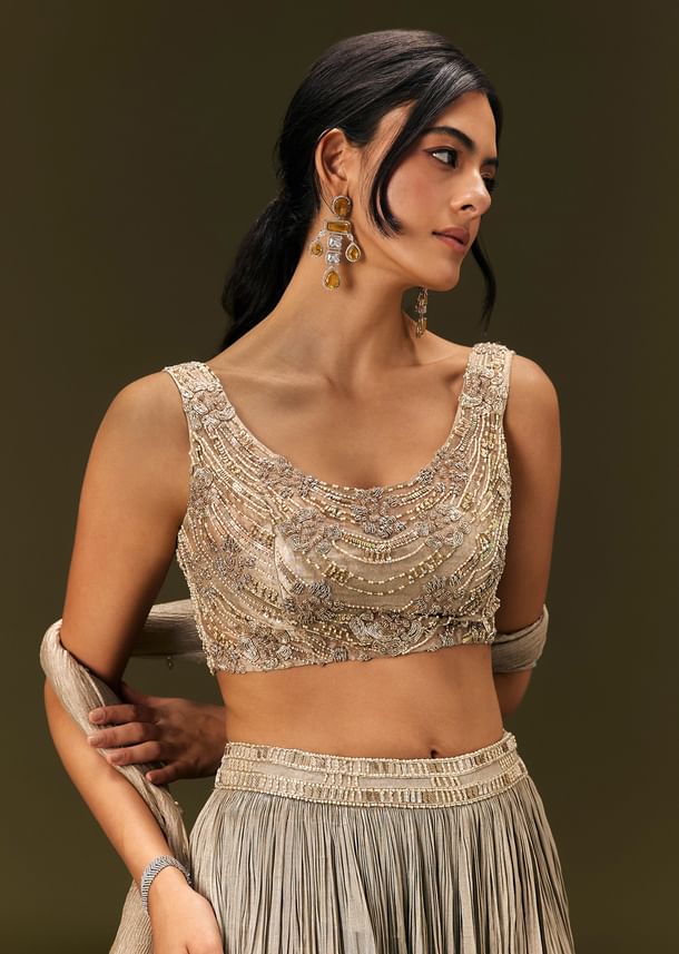 Gold Organza Lehenga Dupatta Set With Embellishments Gold Organza Lehenga Dupatta Set With Embellishments