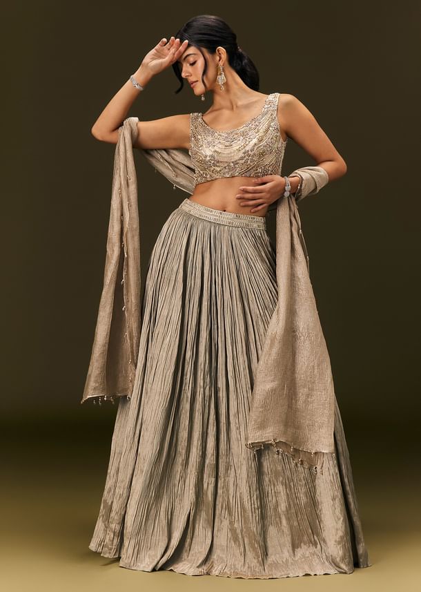 Gold Organza Lehenga Dupatta Set With Embellishments Gold Organza Lehenga Dupatta Set With Embellishments