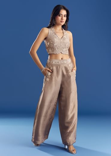 Tissue Croptop And Palazzo Suit With Cutdana Moti Embroidery