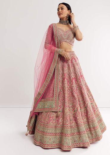 Pink Sweetheart Neck Georgette Cutdana Stonework Lehenga With Net Dupatta