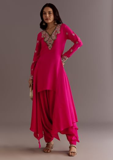Pink Silk Asymmetrical Zardosi Work Kurta Dhoti Set